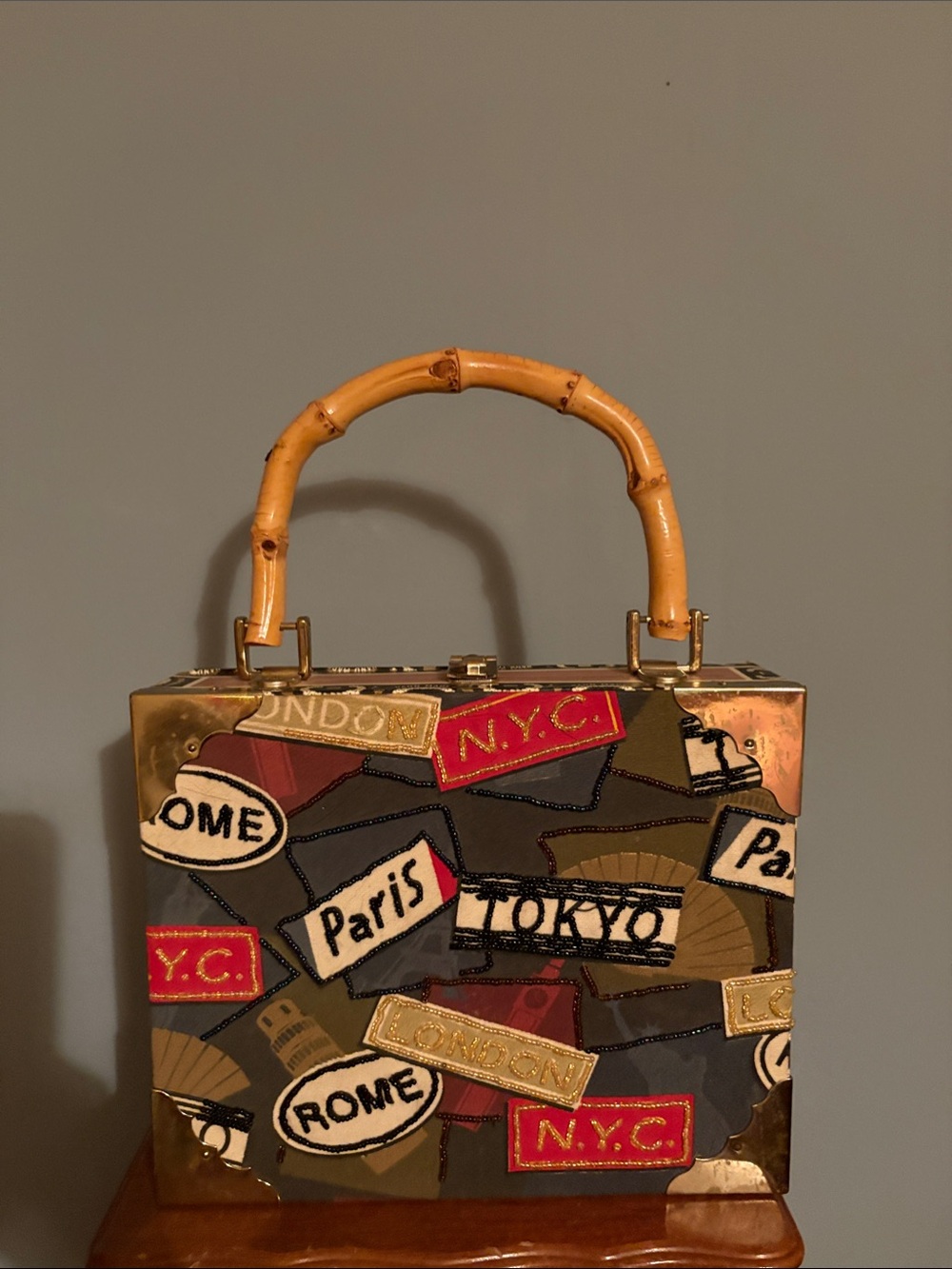 Patchwork Travel Patch Mini Box Bag with Bamboo Handle - Multicolor